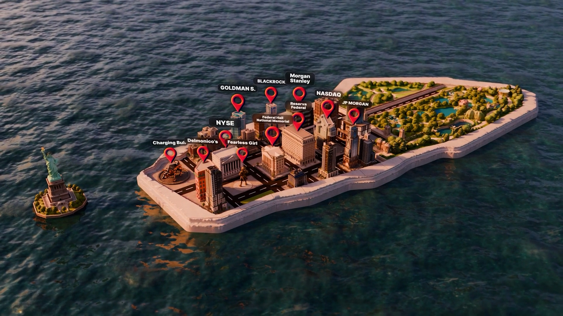A stylized miniature map of New York financial landmarks